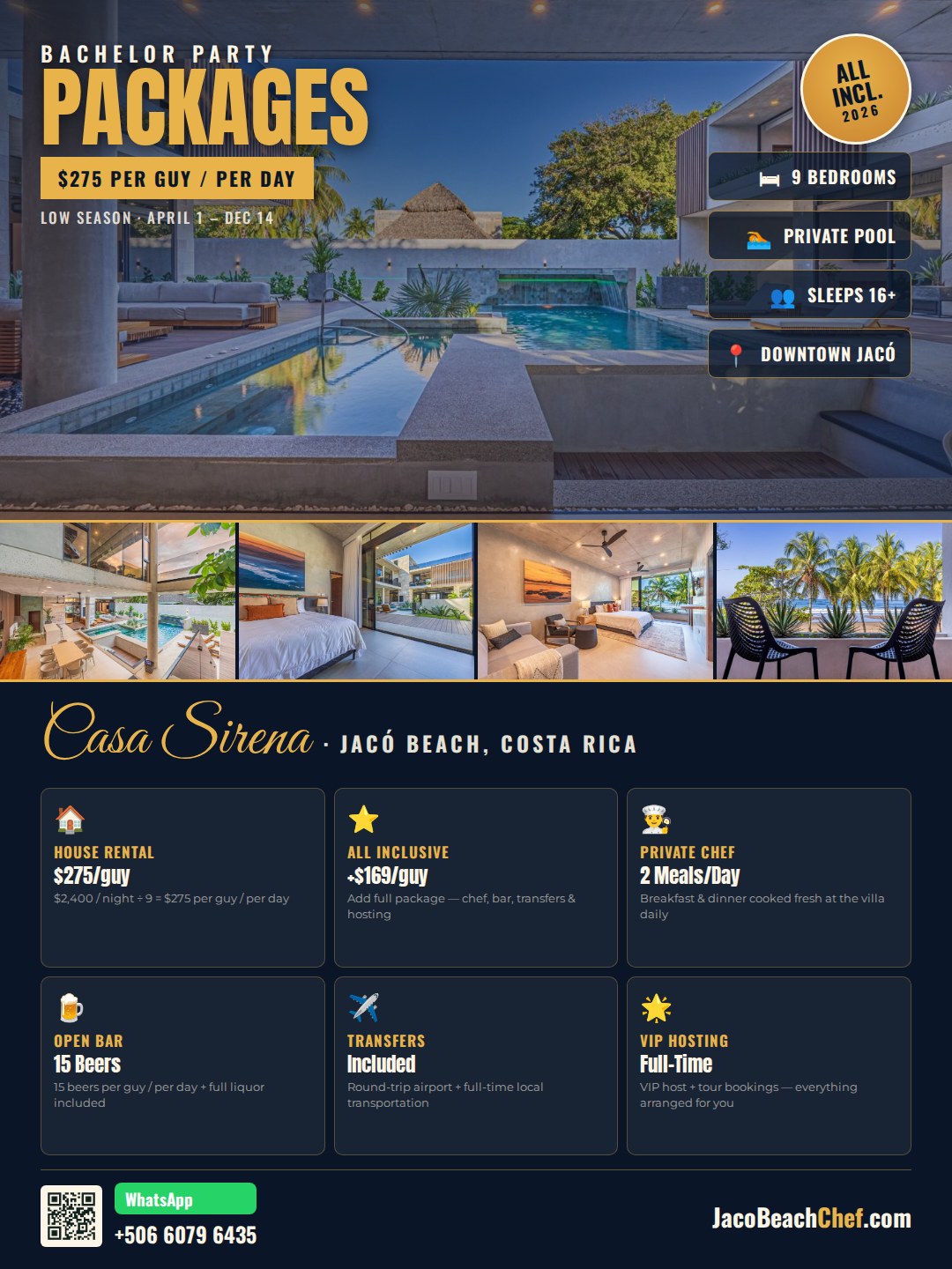 Casa Sirena Jacó Beach bachelor party all-inclusive package flyer 2026 — $275/guy/day house rental, private chef, open bar, VIP hosting