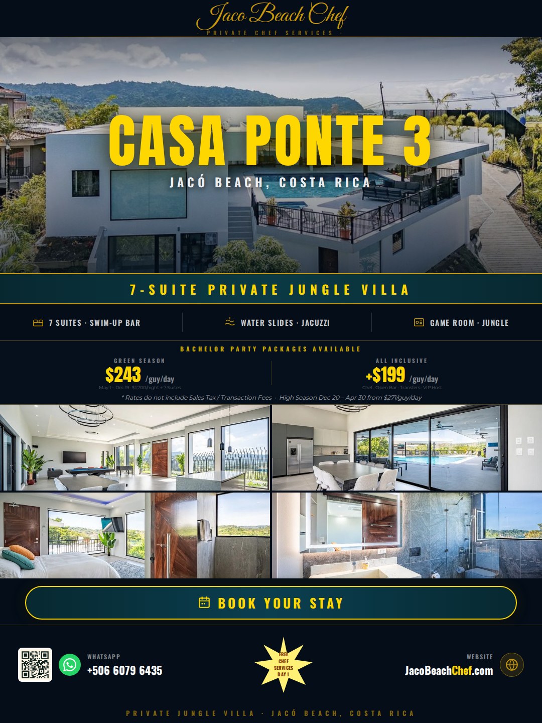 Casa Ponte 3 Jaco Beach Costa Rica — rental flyer for Casa VIP 11 showing rates and amenities