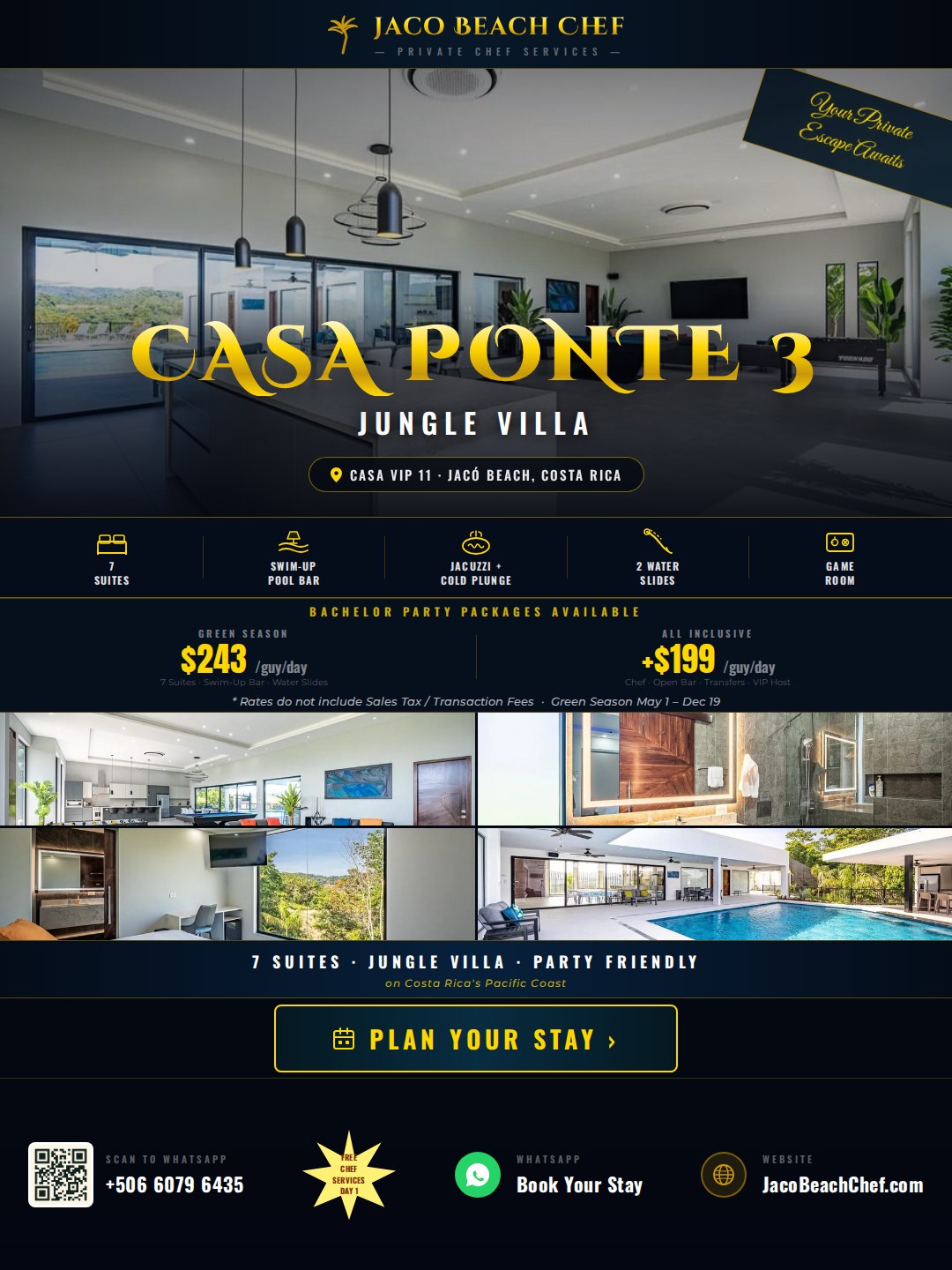 bachelor party Jaco Beach Costa Rica — Casa Ponte 3 Casa VIP 11 bachelor party flyer with pricing