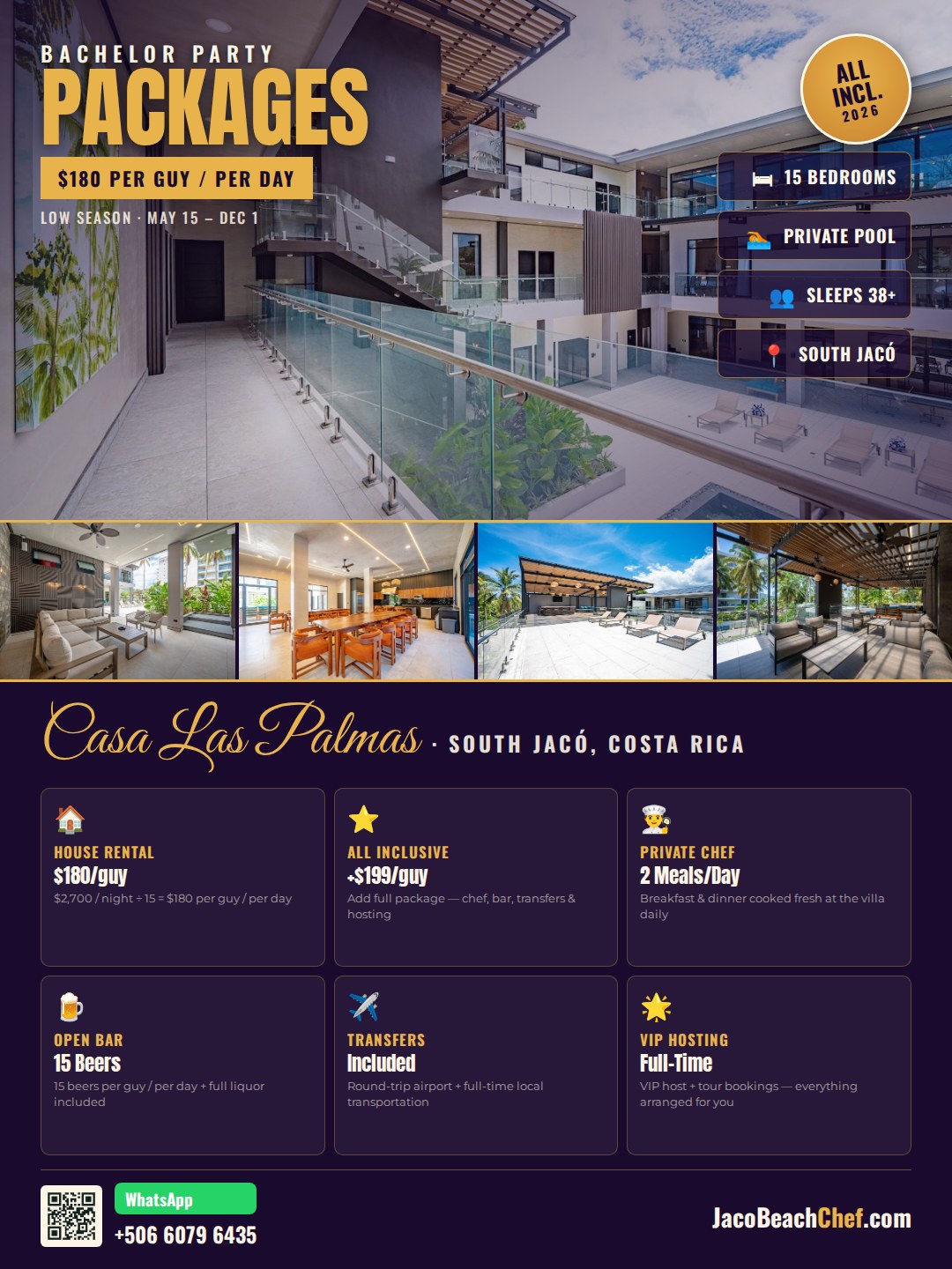 Casa Las Palmas Jacó Beach bachelor party flyer layout 2 — villa photos, pricing grid, WhatsApp QR code