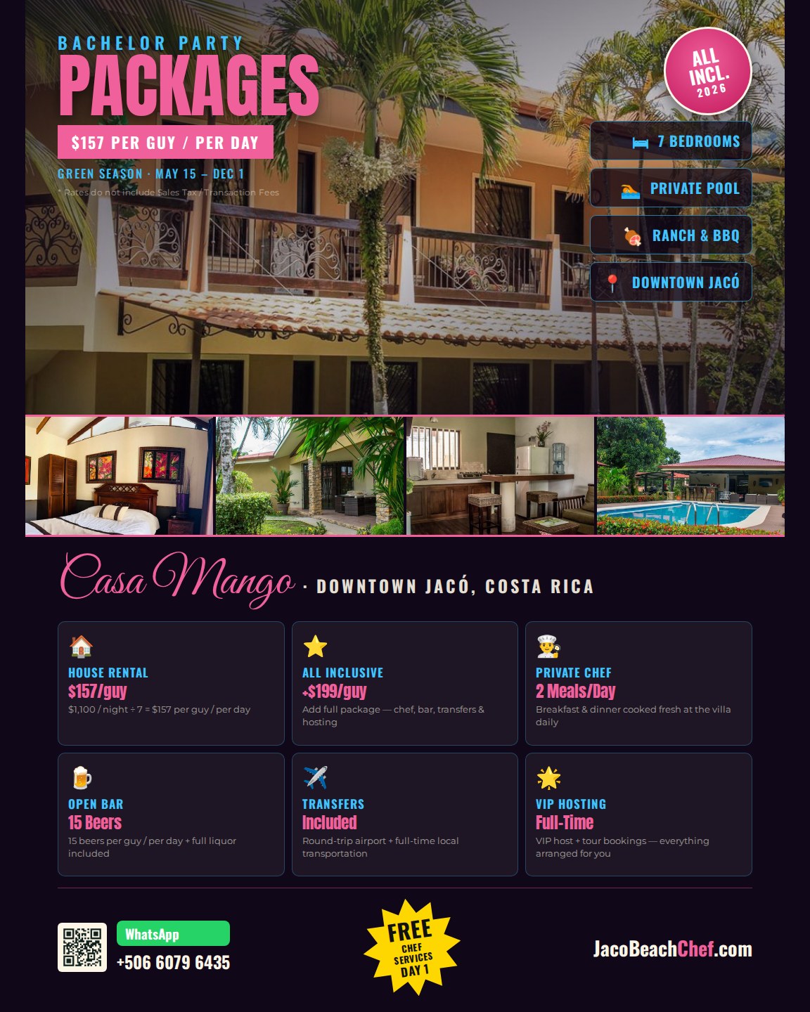 Casa Mango Jacó Beach bachelor party flyer layout 2 — villa photos, pricing grid, WhatsApp QR code