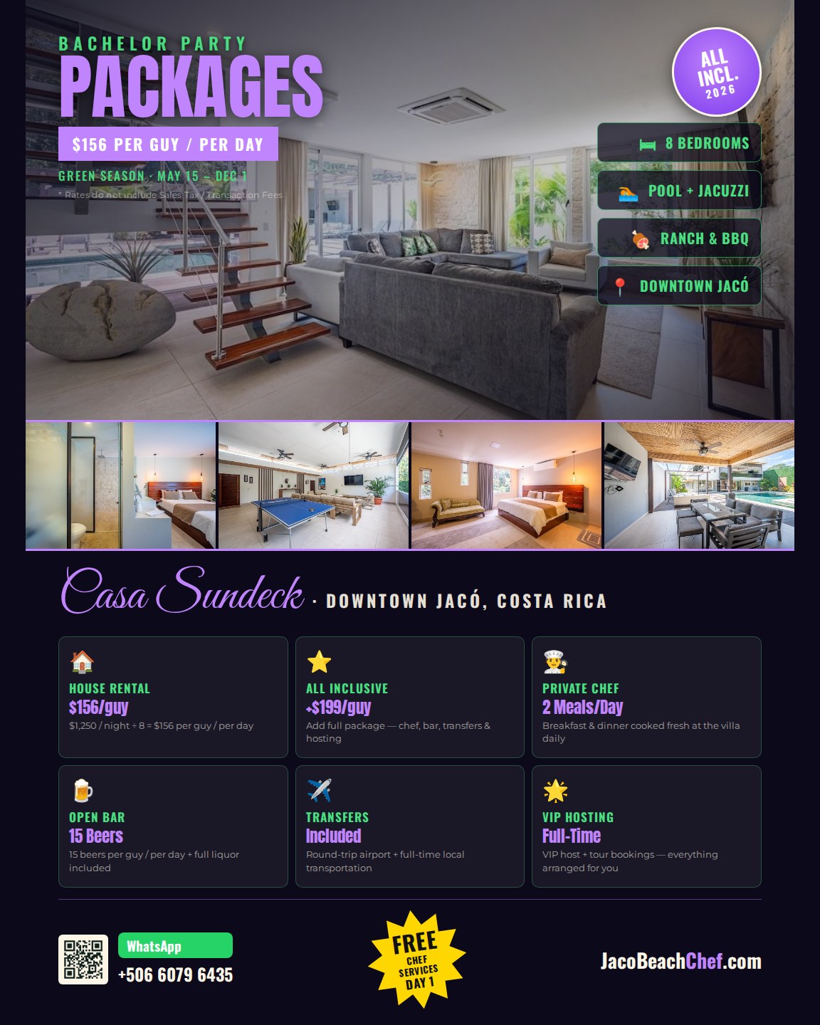 Casa Sundeck Jacó Beach bachelor party flyer layout 2 — villa photos, pricing grid, WhatsApp QR code
