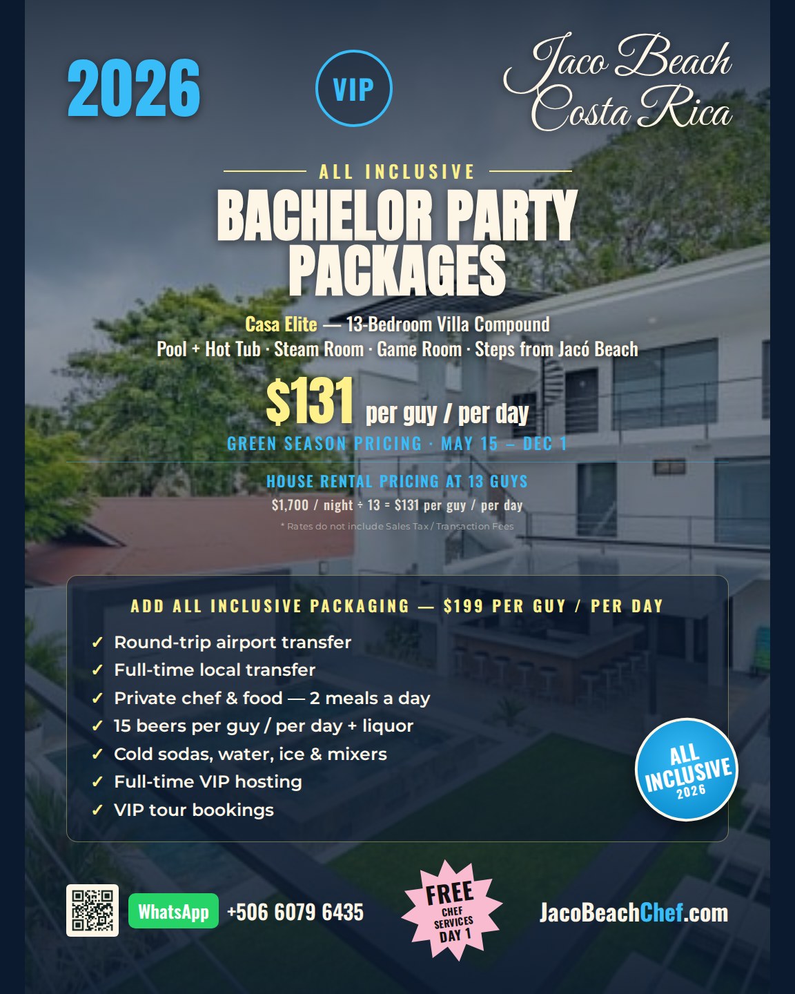 Casa Elite Jacó Beach bachelor party all-inclusive package flyer 2026 — $131/guy/day house rental, private chef, open bar, VIP hosting