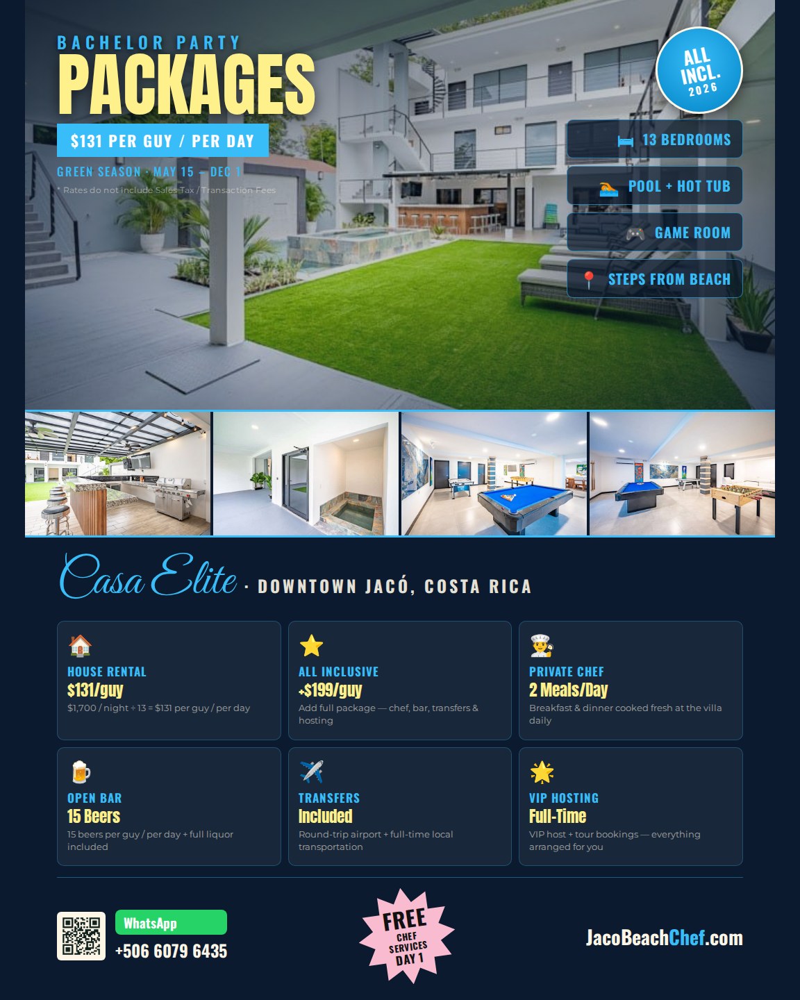 Casa Elite Jacó Beach bachelor party flyer layout 2 — villa photos, pricing grid, WhatsApp QR code