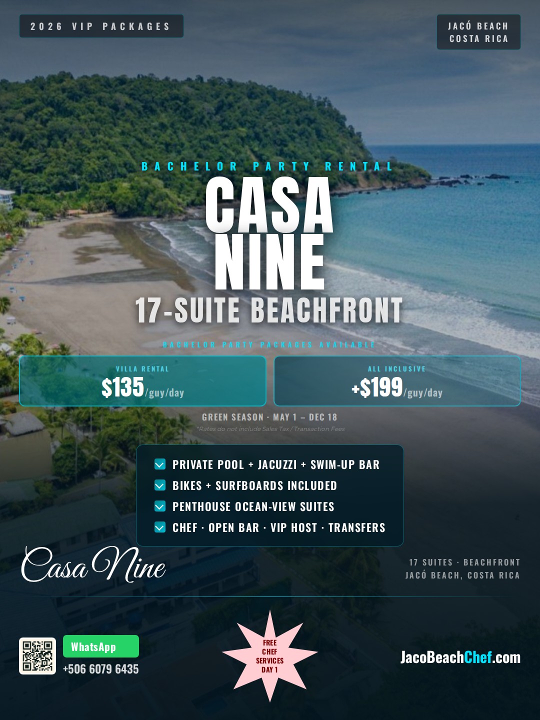 Casa Nine Casa VIP 9 bachelor party packages flyer Jaco Beach Costa Rica 2026 pricing