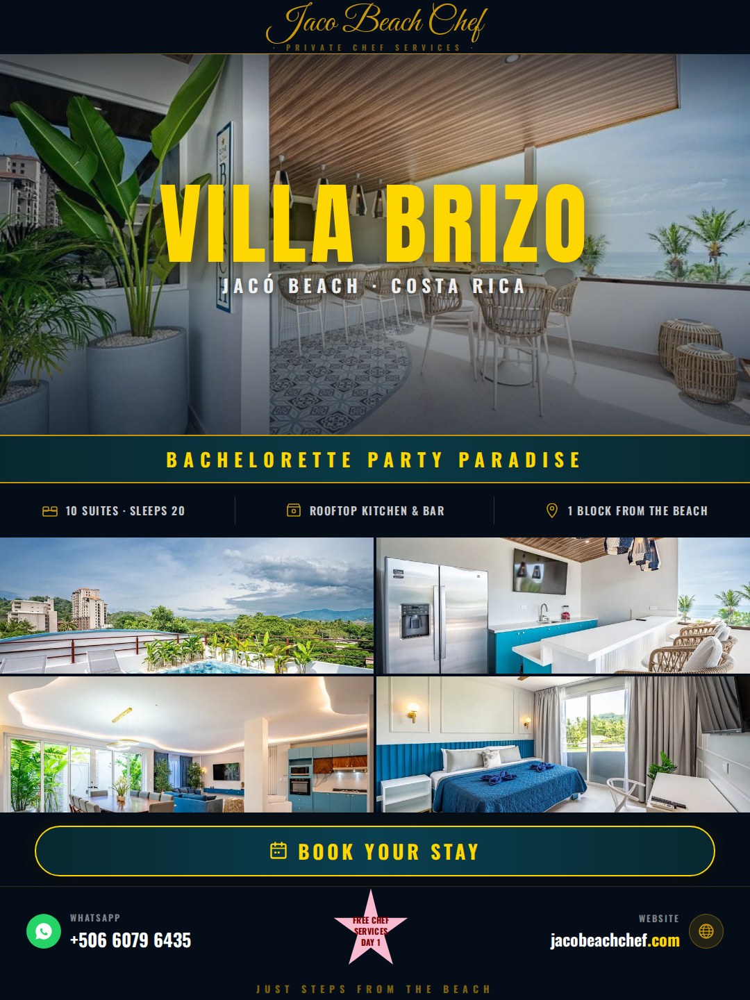 bachelorette party Jaco Beach Costa Rica — Villa Brizo flyer with rates and amenities