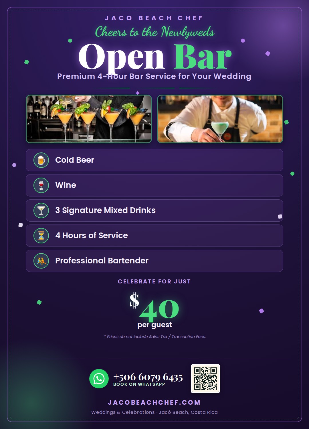 Open bar and bartender pricing flyer for a VIP wedding Jaco Beach Costa Rica