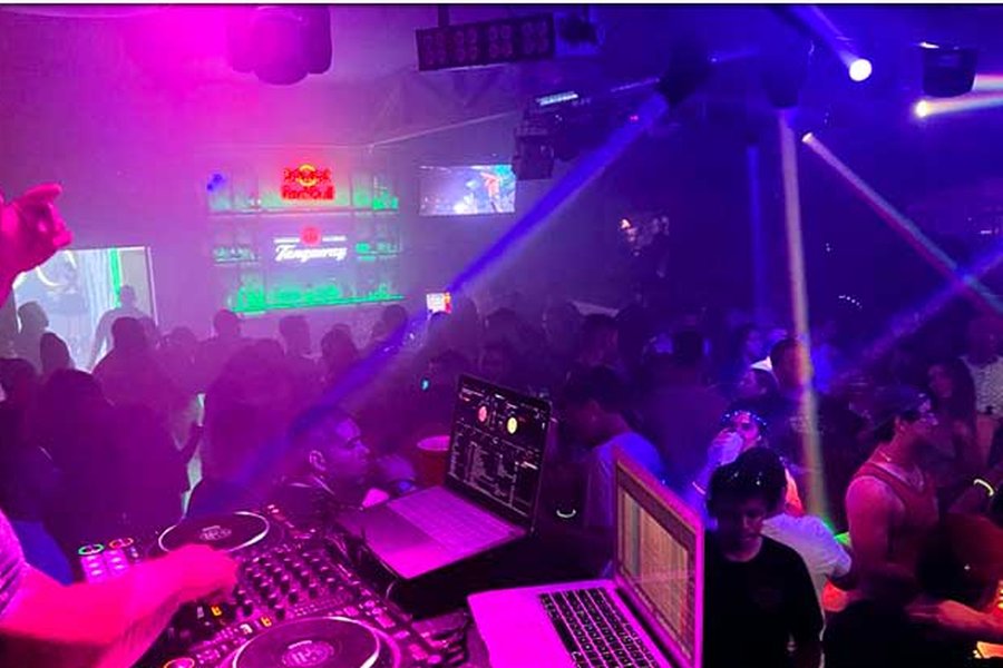 DJ booth over the crowd at Republik Lounge