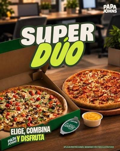 Papa John's Super Dúo — two pizzas and garlic dipping sauce in Jacó