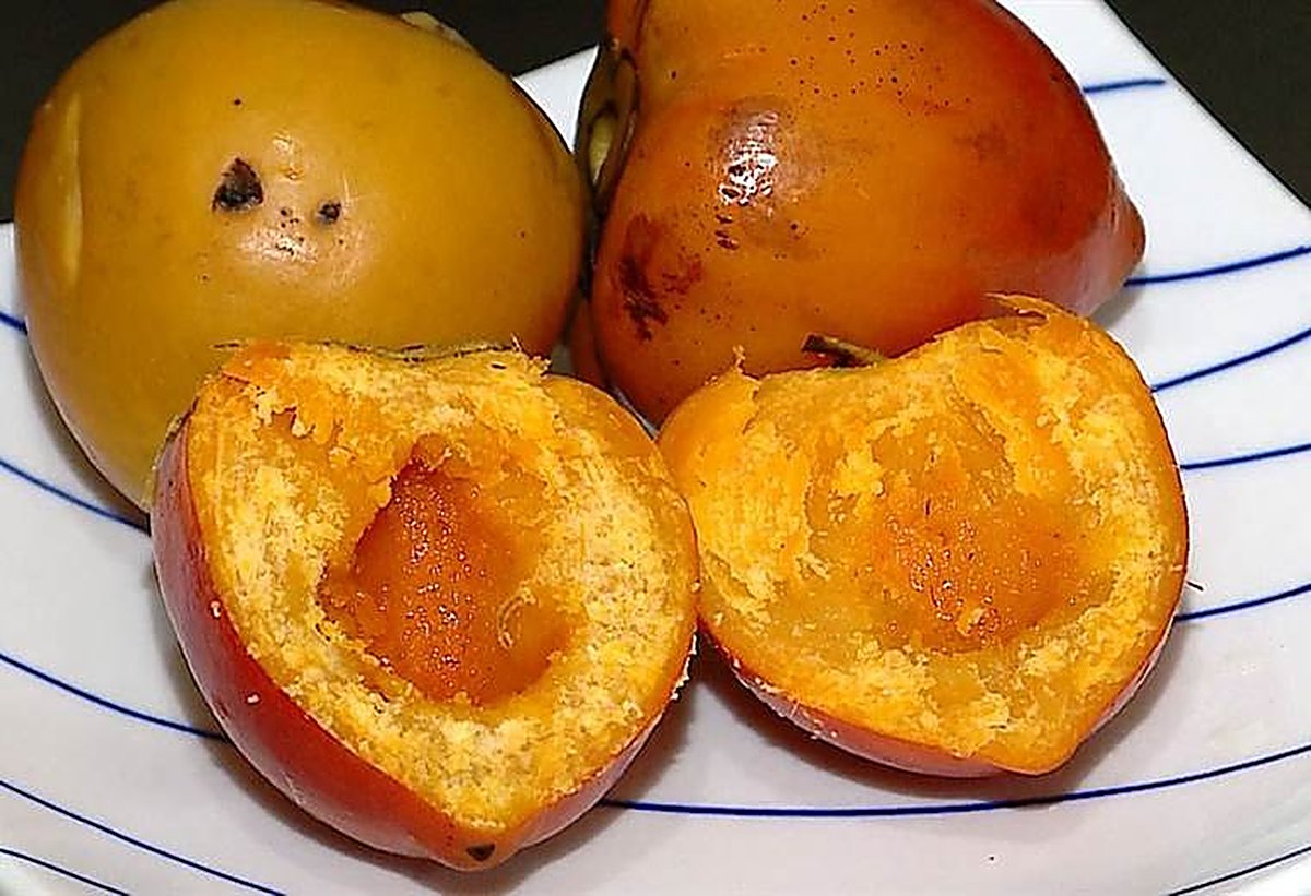 Two halves of a cooked pejibaye showing the bright orange starchy flesh and the empty seed cavity