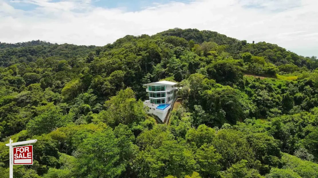 Aerial drone view luxury villa Punta Leona — Pacific Ocean views, Jaco Beach real estate, best properties near Jaco Beach