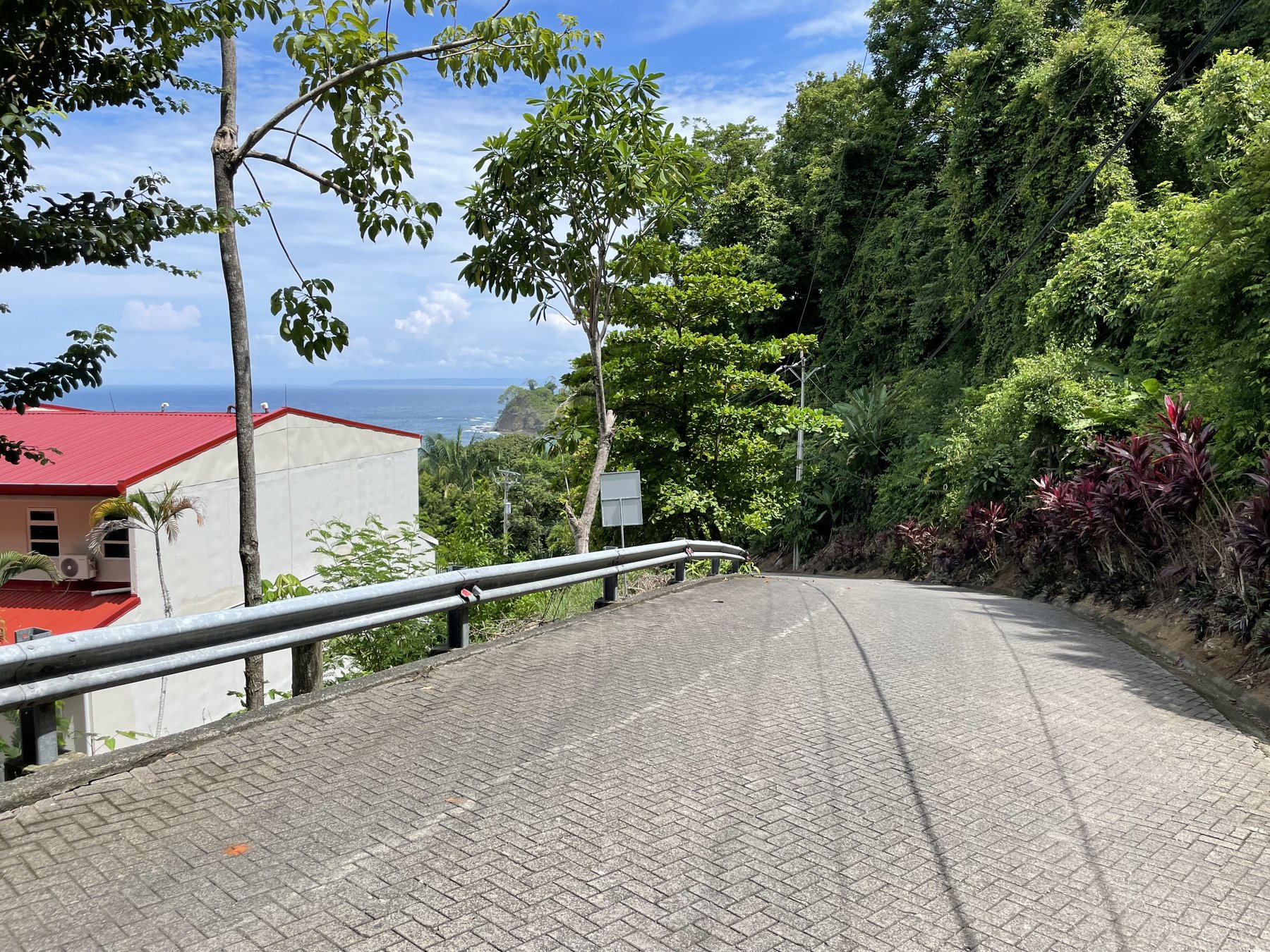 The paved community road leading down to the condos with the ocean beyond