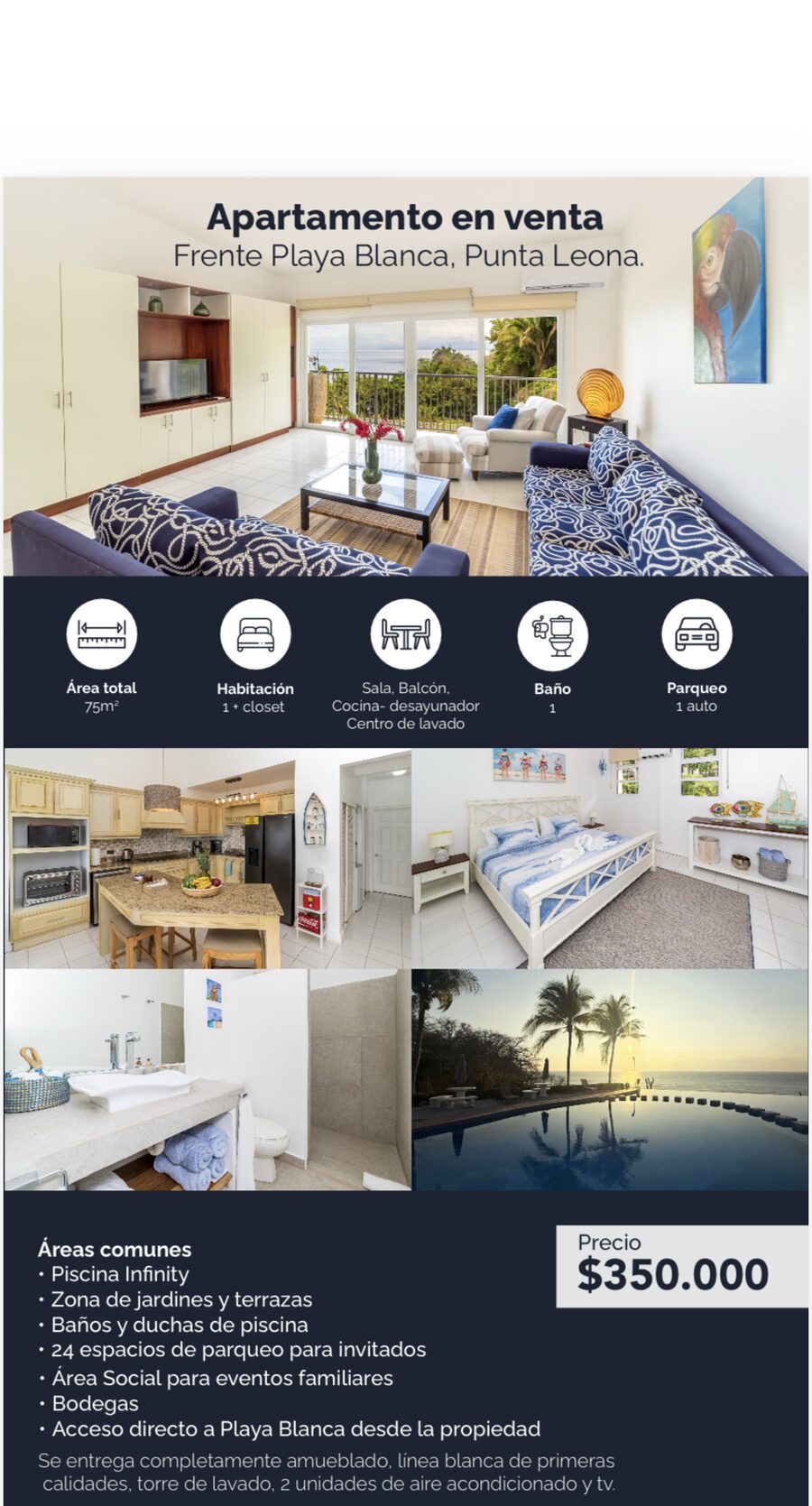 Official property flyer — Playa Blanca condo specs, interior photos, common areas, $350,000