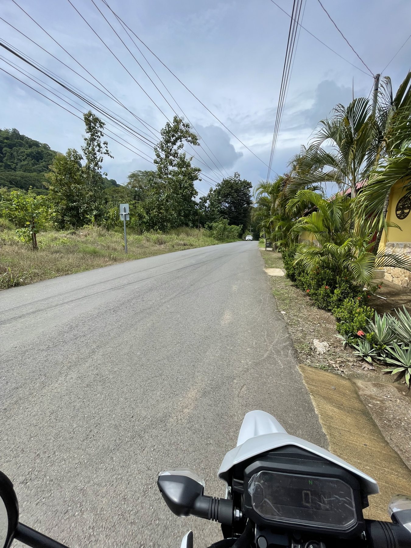 The paved cement road entering Punta Leona and Playa Blanca past the development lot, with green mountains ahead — best places to buy near Jaco Beach