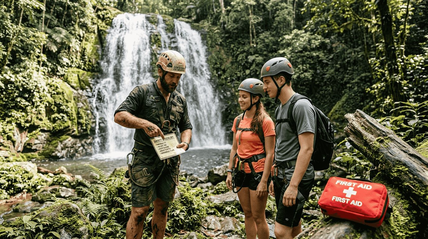 Guide briefing guests at a rainforest waterfall