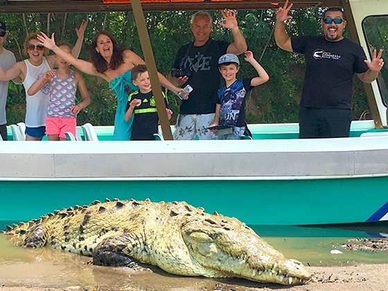 Riverboat tour passing a big crocodile on the bank